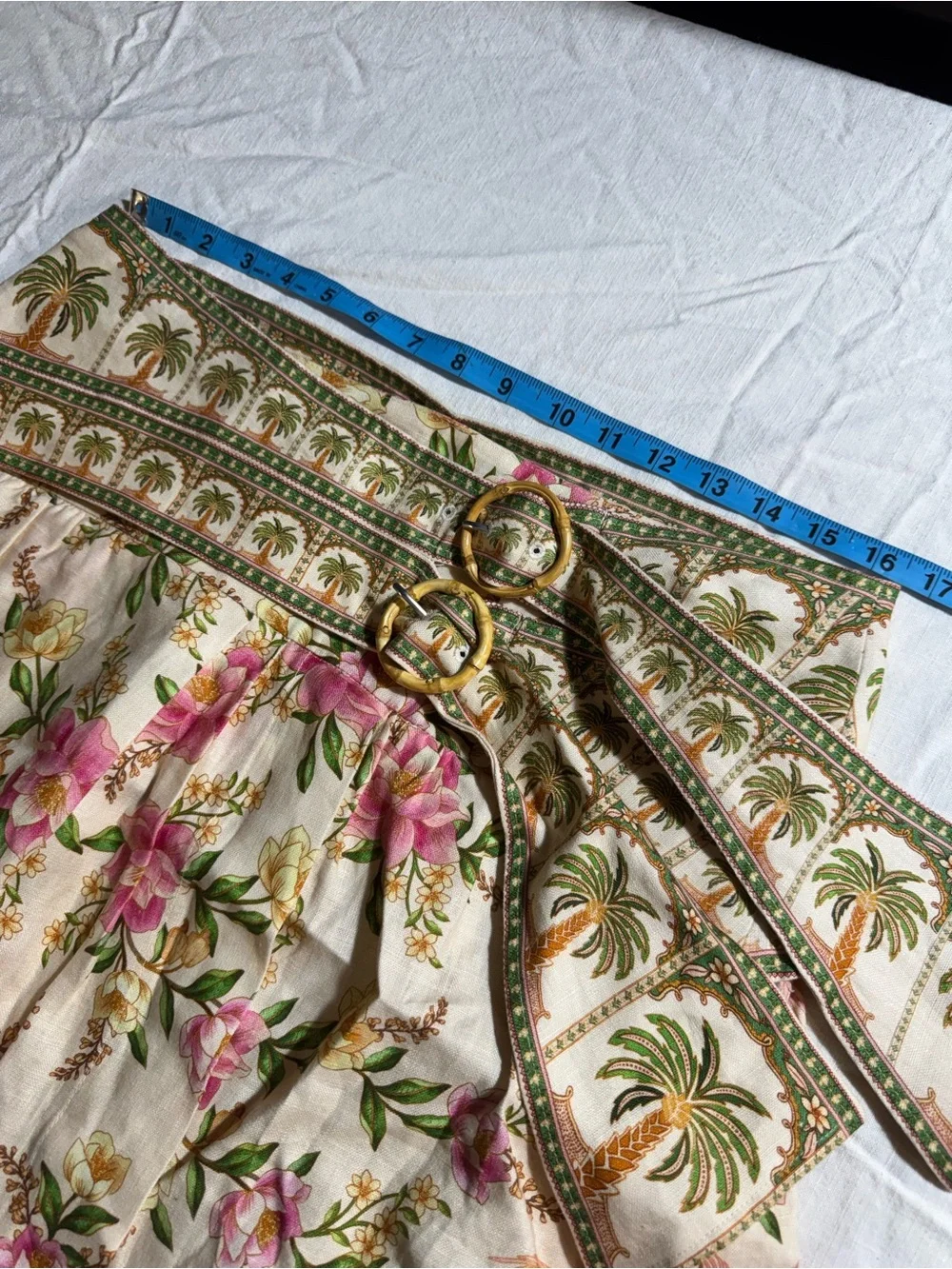 FARM Rio Palm Dream Mini Skirt Large Floral Linen Wrap Bamboo Buckles NWT